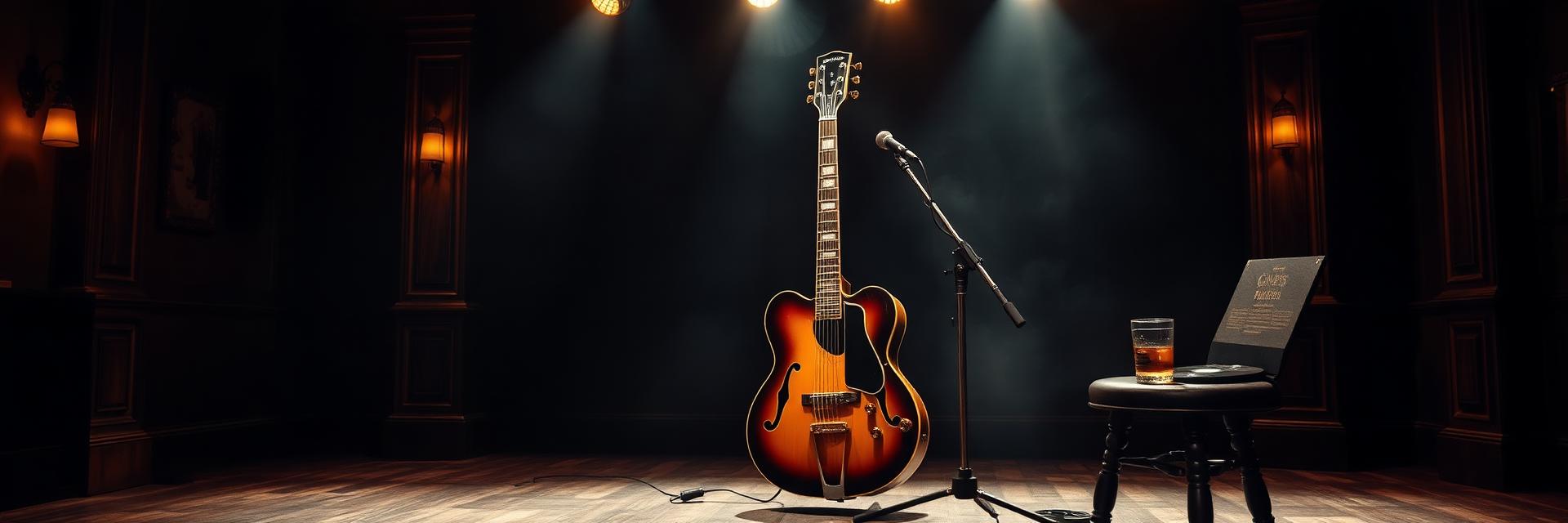 A vintage guitar and microphone on a dim blues club stage beside a glass of whisky