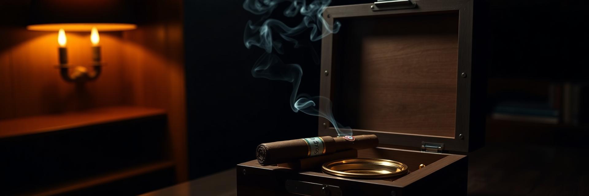 An open cedar humidor with a resting cigar and a thin wisp of smoke