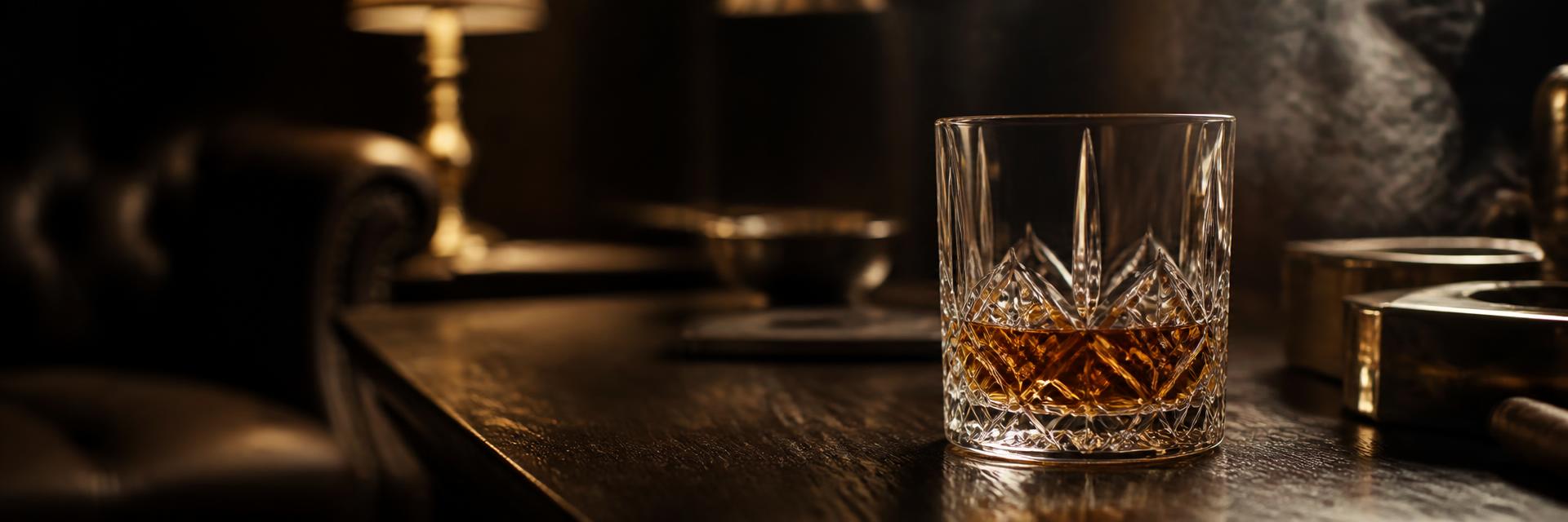 A glass of amber whisky on a dark oak club table in warm lamplight
