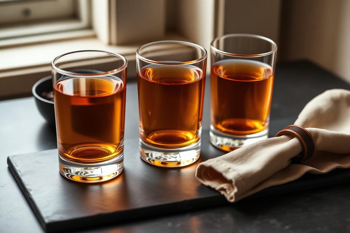 Three whisky glasses lined up on slate beside dark chocolate for a comparison tasting